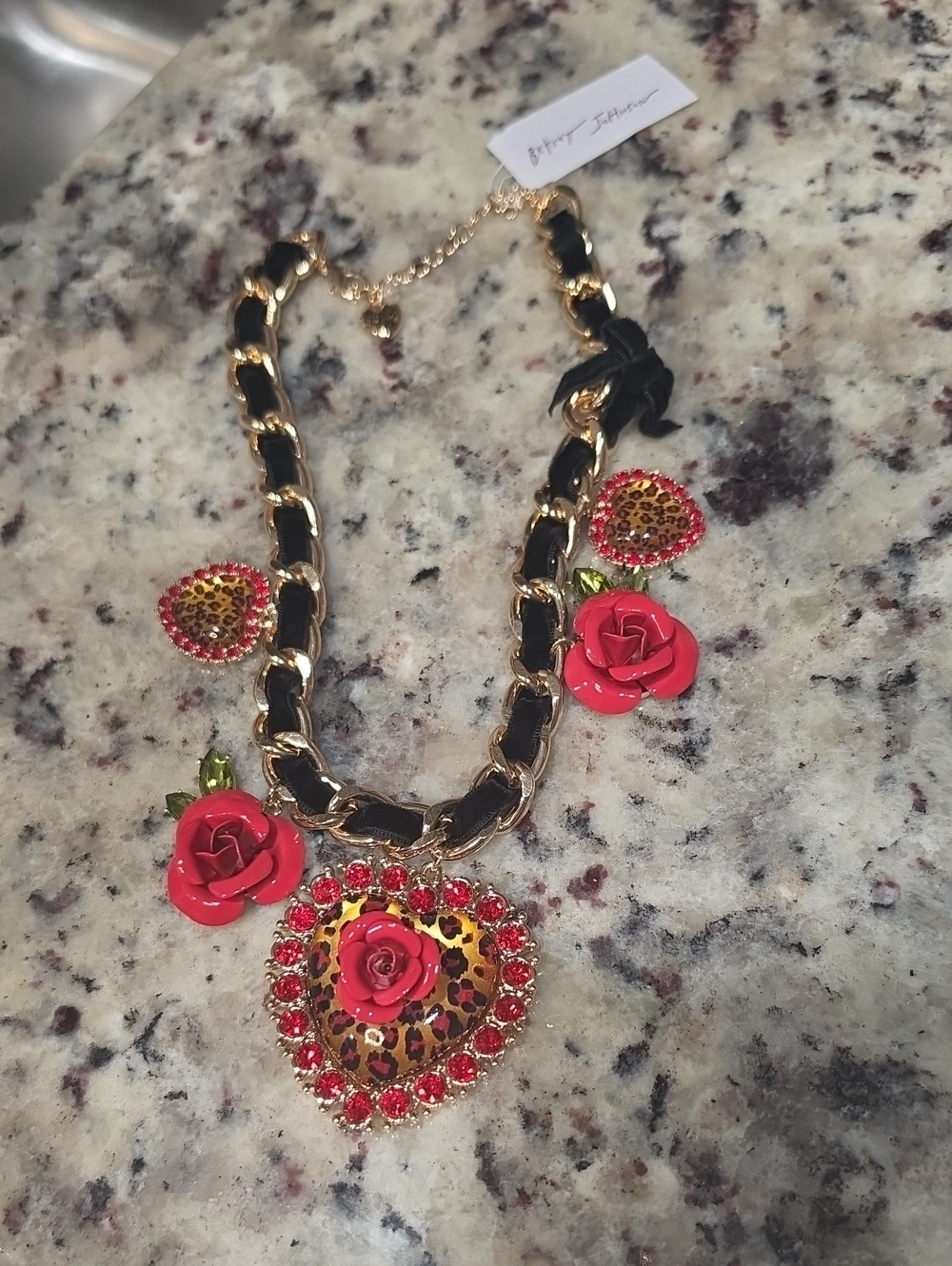 Betsey Johnson Gold Chain Necklace with Red Roses and Leopard Heart